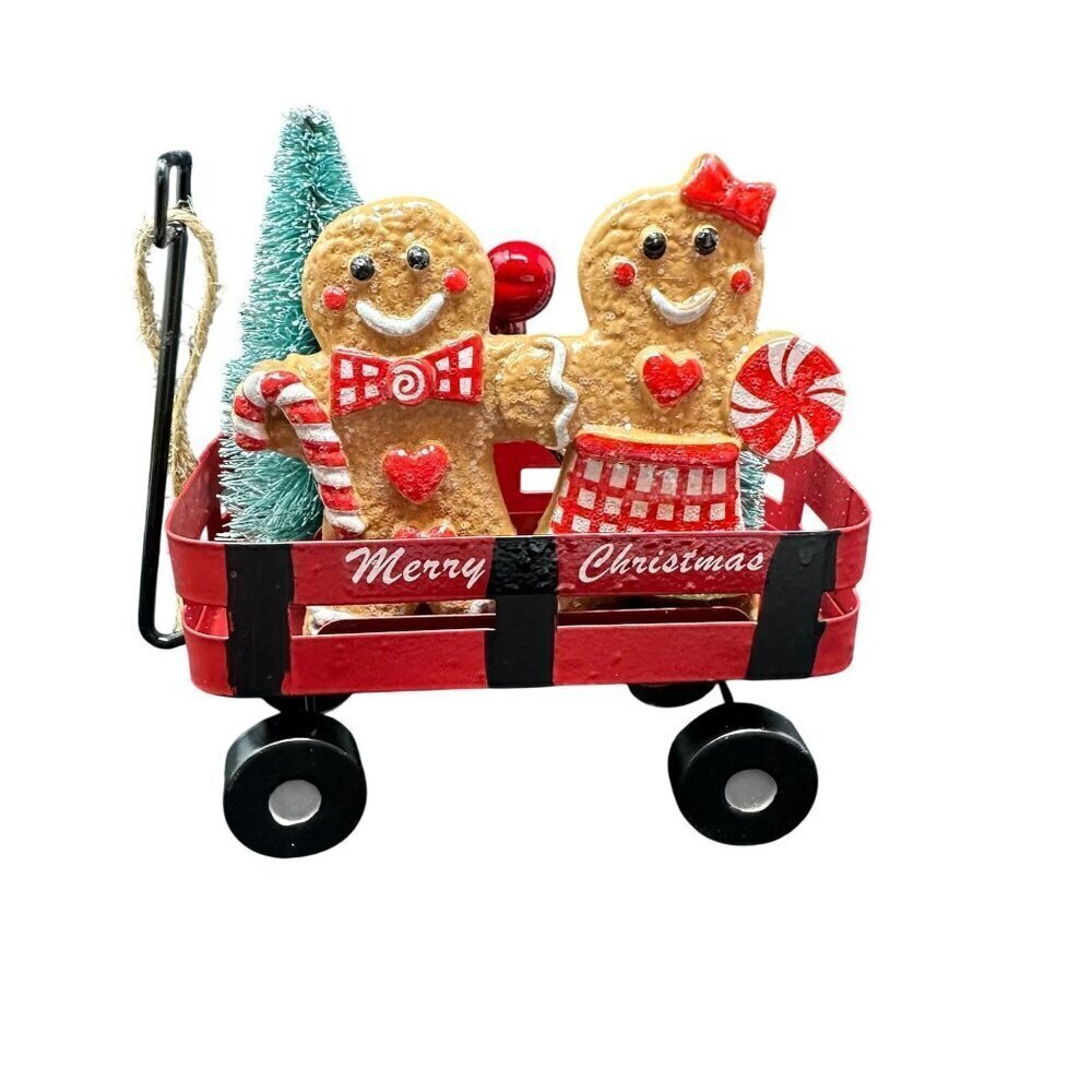 New Gingerbread Boy Girl Ornament Wagon Cart Miniature Christmas Holiday Decor
